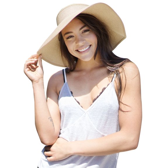Simplicity Women's Roll Up Wide Brim Straw Sun Visor Ribbed_Off-White