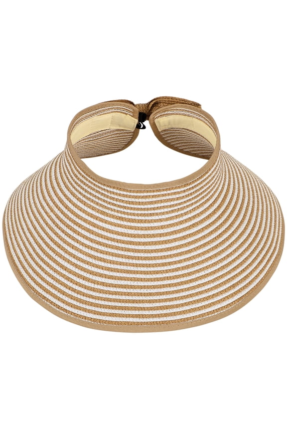 Women's Roll Up Wide Brim Straw Sun Visor Striped_Beige/White