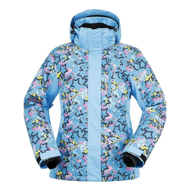 Simplicity Women's Winter Ski Jacket with Zip-Off Hood,Retro Blue Starbursts,M