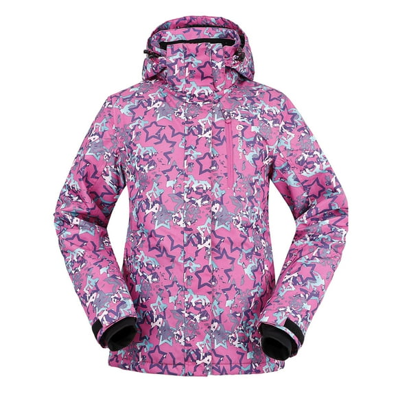 Women's Winter Ski Jacket with Zip-Off Hood,Retro Indigo Starbursts,L