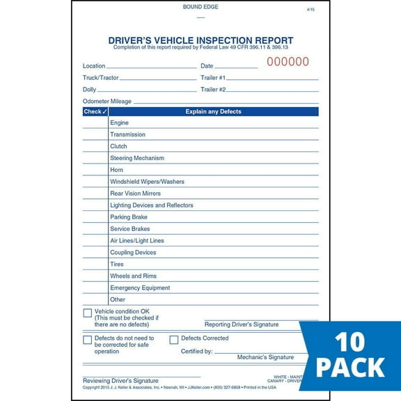 Simplified Driver Vehicle Inspection Report 10-pk. - Book Format, 3-Ply Carbonless, 5.5"x8.125", 31 Sets of Forms Per DVIR Book