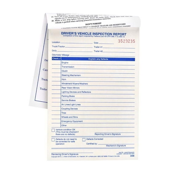 Simplified Driver Vehicle Inspection Report 25-pk. - Book Format, 2-Ply Carbonless, 5.5"x8.125", 31 Sets of Forms Per DVIR Book
