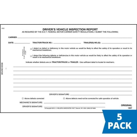 Simplified Driver's Vehicle Inspection Report 5-pk. - Book & Horizontal Format, 2-Ply Carbonless, 8.5" x 5.5", 31 Sets of Forms Per DVIR Book - Meet FMCSR Requirements - J. J. Keller & Associates
