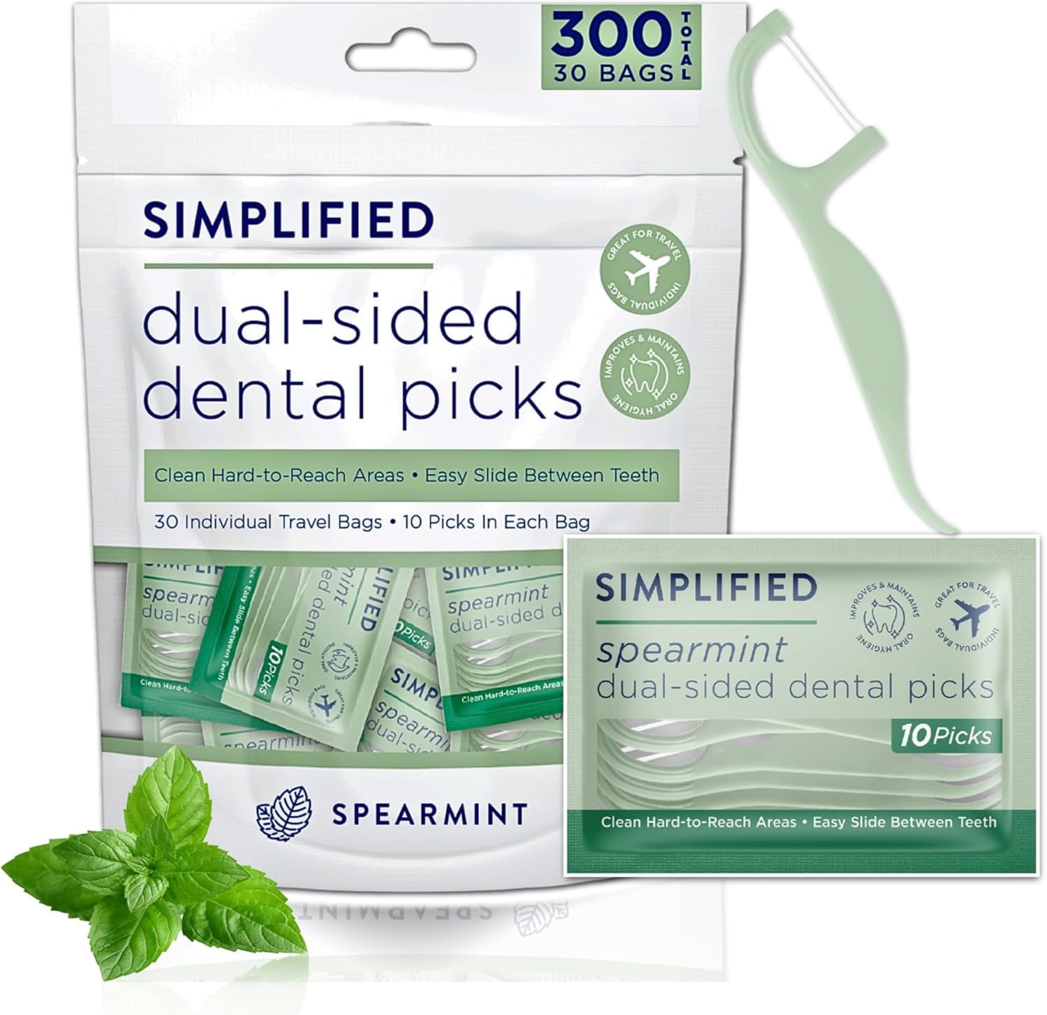 Simplified Dual-Sided Floss Picks Dental Floss Picks 300 Total in 30 Travel Bags Spearmint Flavor Floss