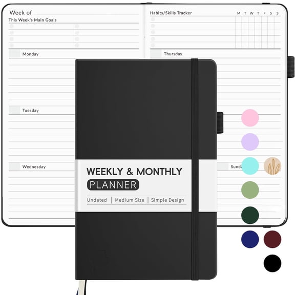Simplified Undated Weekly Monthly Planner 2025, A5 Daily Organizer Notebook for Goals Tasks Tracking, Spacious Writing Pages, Start Anytime, Black
