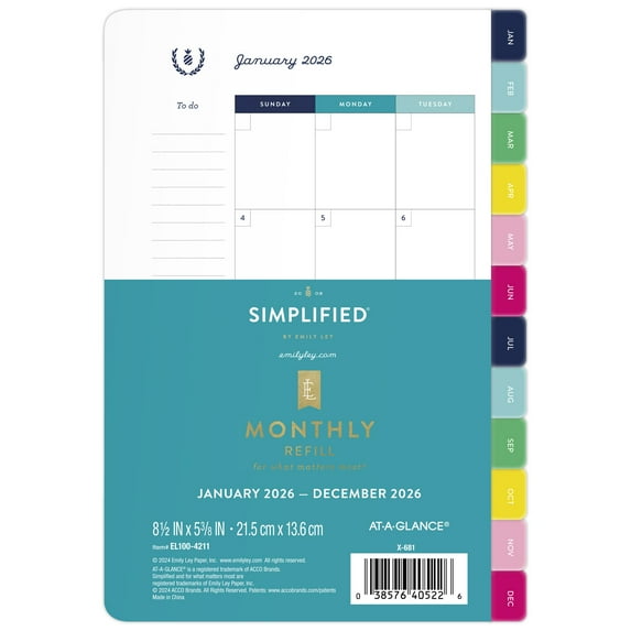 Simplified by Emily Ley for AT-A-GLANCE 2026 Monthly Refill Loose-Leaf Desk Size