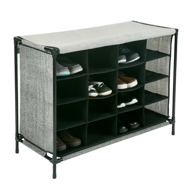 Simplify 16 Compartment 4 Tier Fabric Shoe Cubby in Black