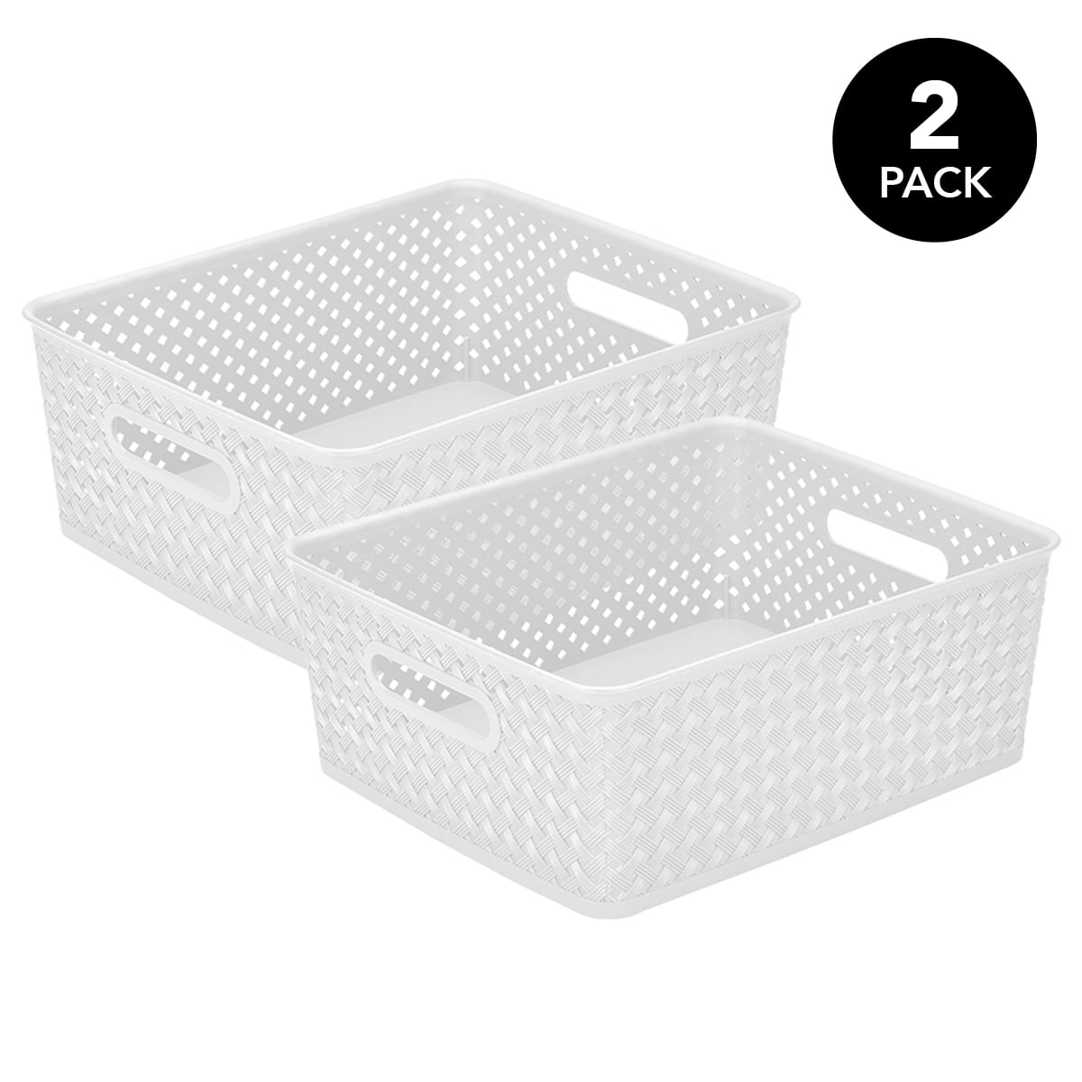 Simplify 2 Pack Medium Resin Wicker Storage Bin, White