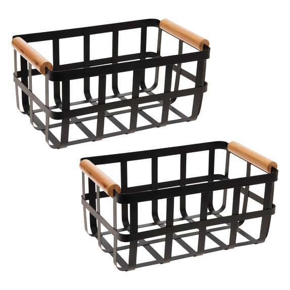 Simplify 2 Pack Metal Basket with Bamboo Handles, Black