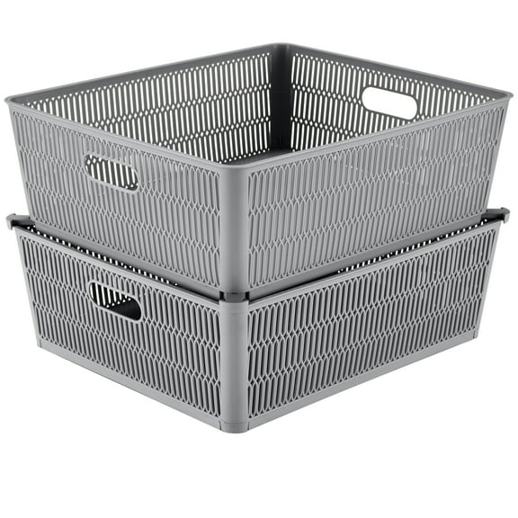 Simplify 2 Pack Slide 2 Stack It Plastic Shallow Storage Basket, Gray