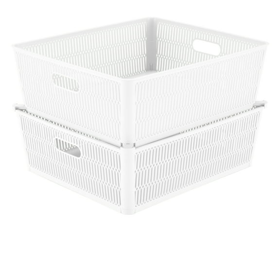 Simplify 2 Pack Slide 2 Stack It Plastic Shallow Storage Baskets, White
