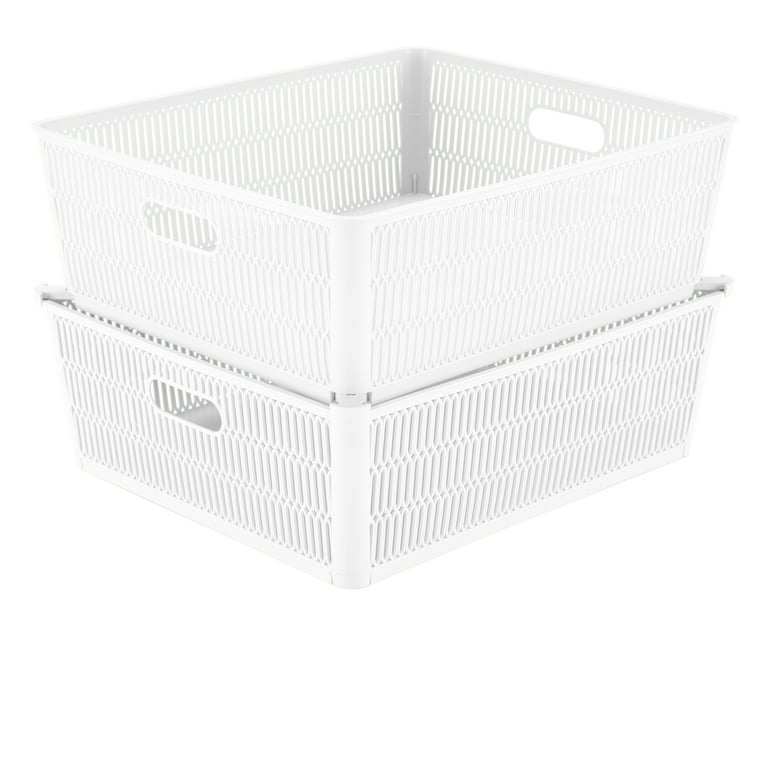 Simplify 2 Pack Slide 2 Stack It Plastic Shallow Storage Baskets, White 
