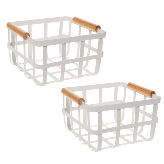 Simplify 2 Pack Square Metal Storage Basket with Bamboo Handles, White