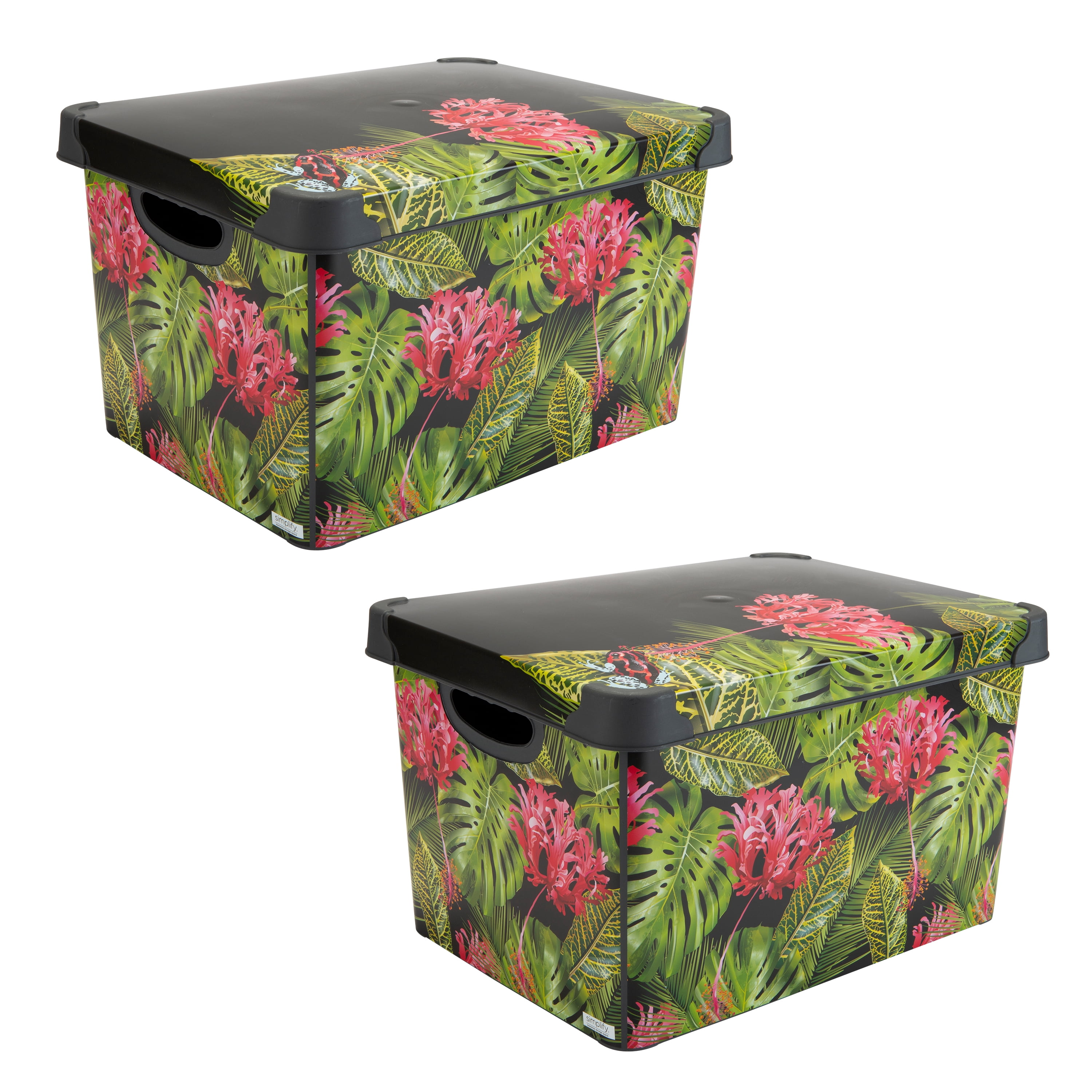 Simplify 2 Pack Tropical Leaf Print Design Plastic Storage Bin, Black