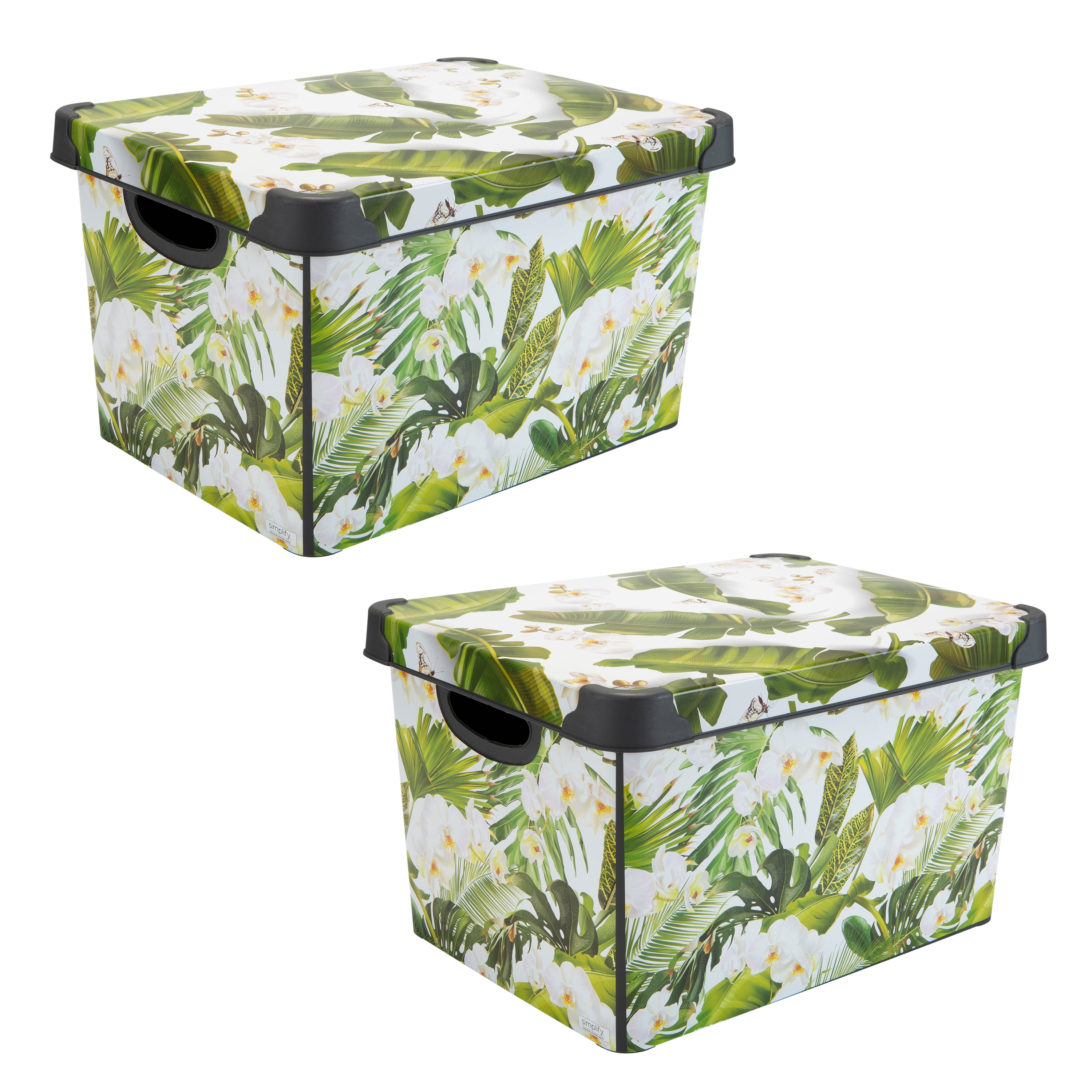 Simplify 2 Pack Tropical Leaf Print Design Plastic Storage Bin, White