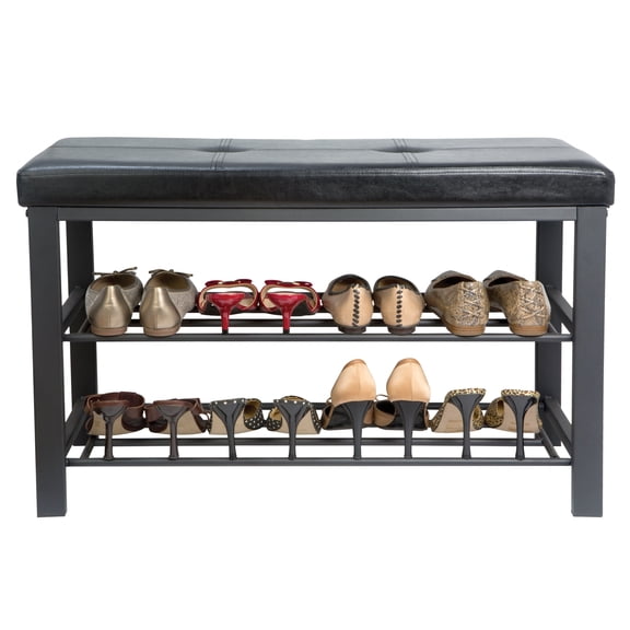 Simplify 2 Tier Faux Leather Entryway Bench with 8 Pair Shoe Storage in Black