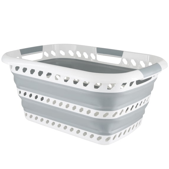 Laundry 360 24 x 17 x 11in Collapsible and Carrying Handles 40L Plastic Laundry Basket, White and Grey