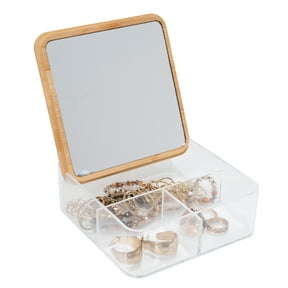 Simplify 3 Compartment Clear Plastic Organizer with Bamboo Lid & Mirror
