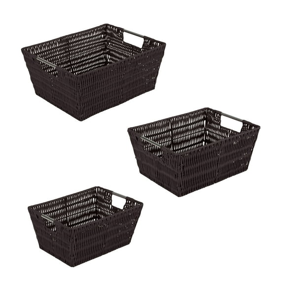 Simplify 3 Pack Multi Sized Set Rattan Storage Basket Tote in Chocolate Brown