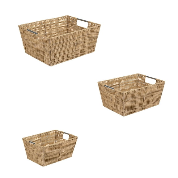 Simplify 3 Pack Multi-Sized Set Rattan Storage Tote Baskets, Natural