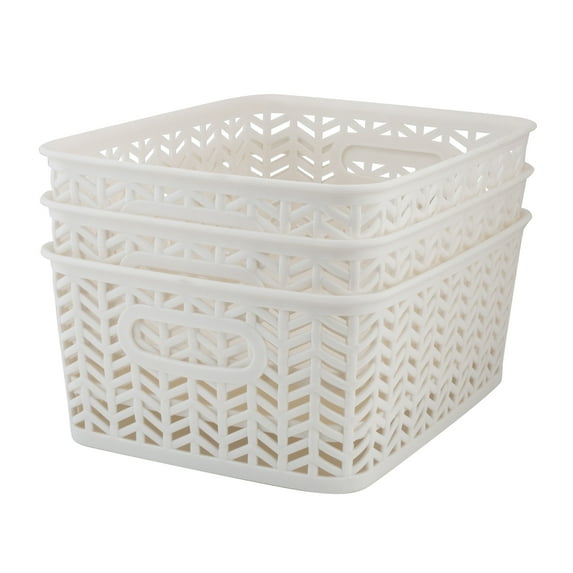 Simplify 3 Pack Small Herringbone Plastic Storage Basket with Handles in White