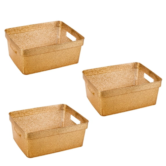 Simplify 3 Pack Small Plastic Glitter Storage Tote Baskets, Gold