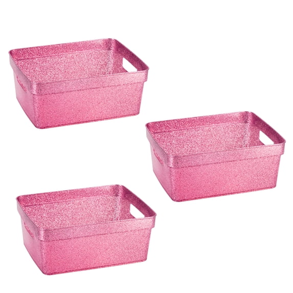 Simplify 3 Pack Small Plastic Glitter Storage Tote Baskets, Pink