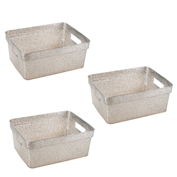 Simplify 3 Pack Small Polypropylene Glitter Storage Tote Baskets, Silver