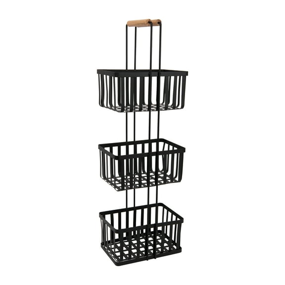Simplify 3 Tier Metal Spa Tower Storage Shelf Unit Baskets with Bamboo Handles, Black