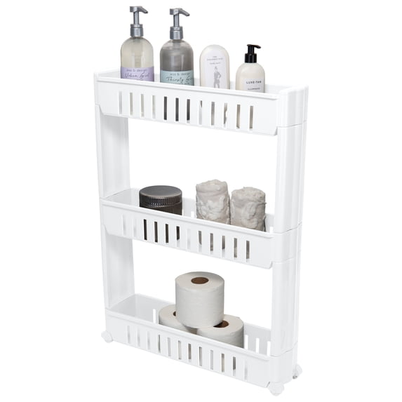 Simplify 3 Tier Slim Slide Out Storage Cart in White for Closets and Laundry Rooms