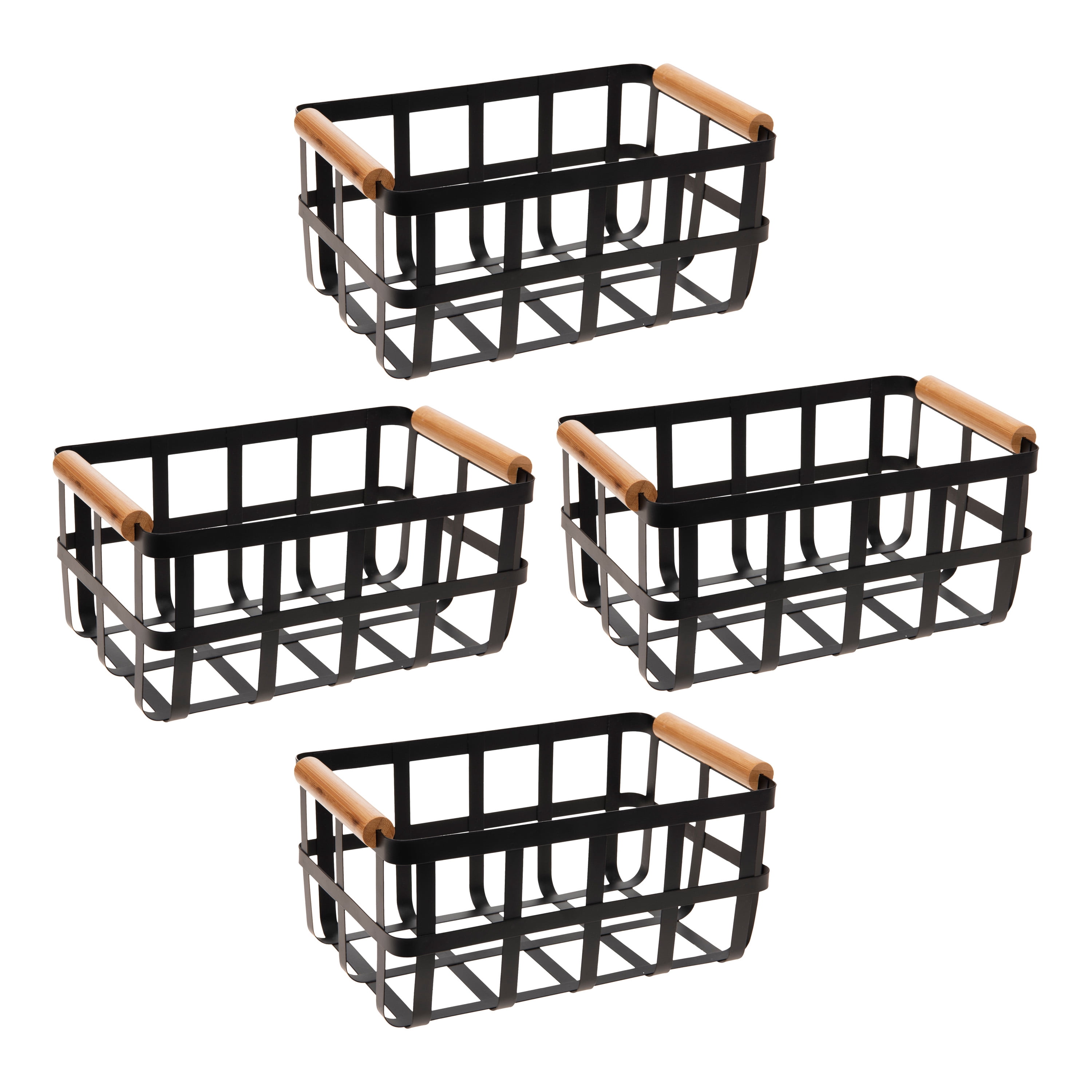 Simplify 4 Pack Metal Storage Basket with Bamboo Handles in Black