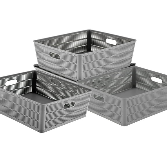 Simplify 4 Pack Slide 2 Stack It Shallow Plastic Storage Basket Tote in Gray