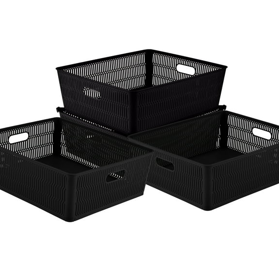 Simplify 4 Pack Slide 2 Stack It Shallow Plastic Storage Tote Baskets in Black