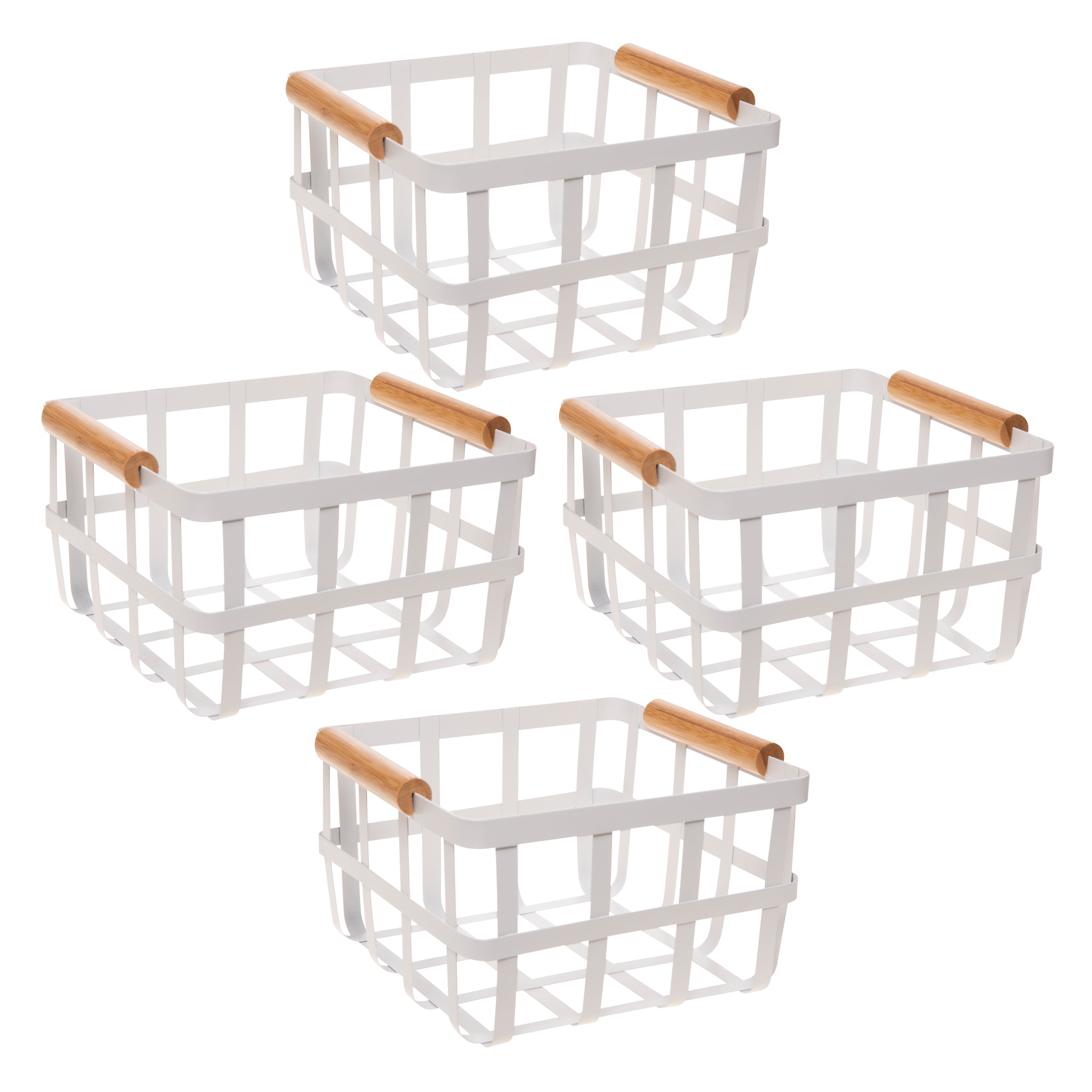 Simplify 4 Pack Square Metal Basket with Bamboo Handles in White