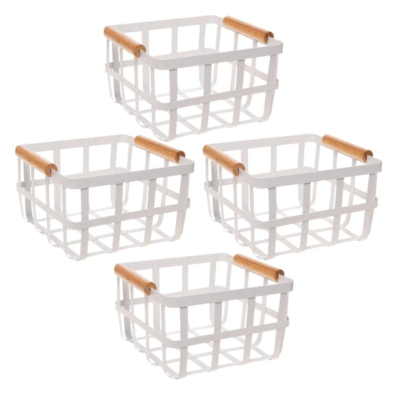 Simplify 4 Pack Square Metal Basket with Bamboo Handles in White