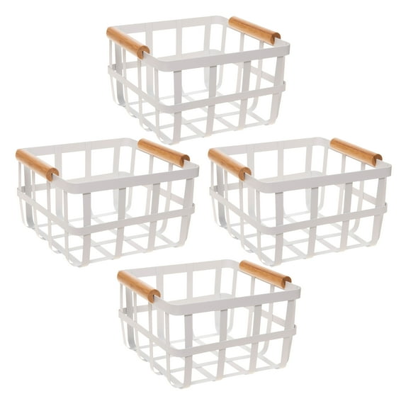 Simplify 4 Pack Square Metal Basket with Bamboo Handles in White
