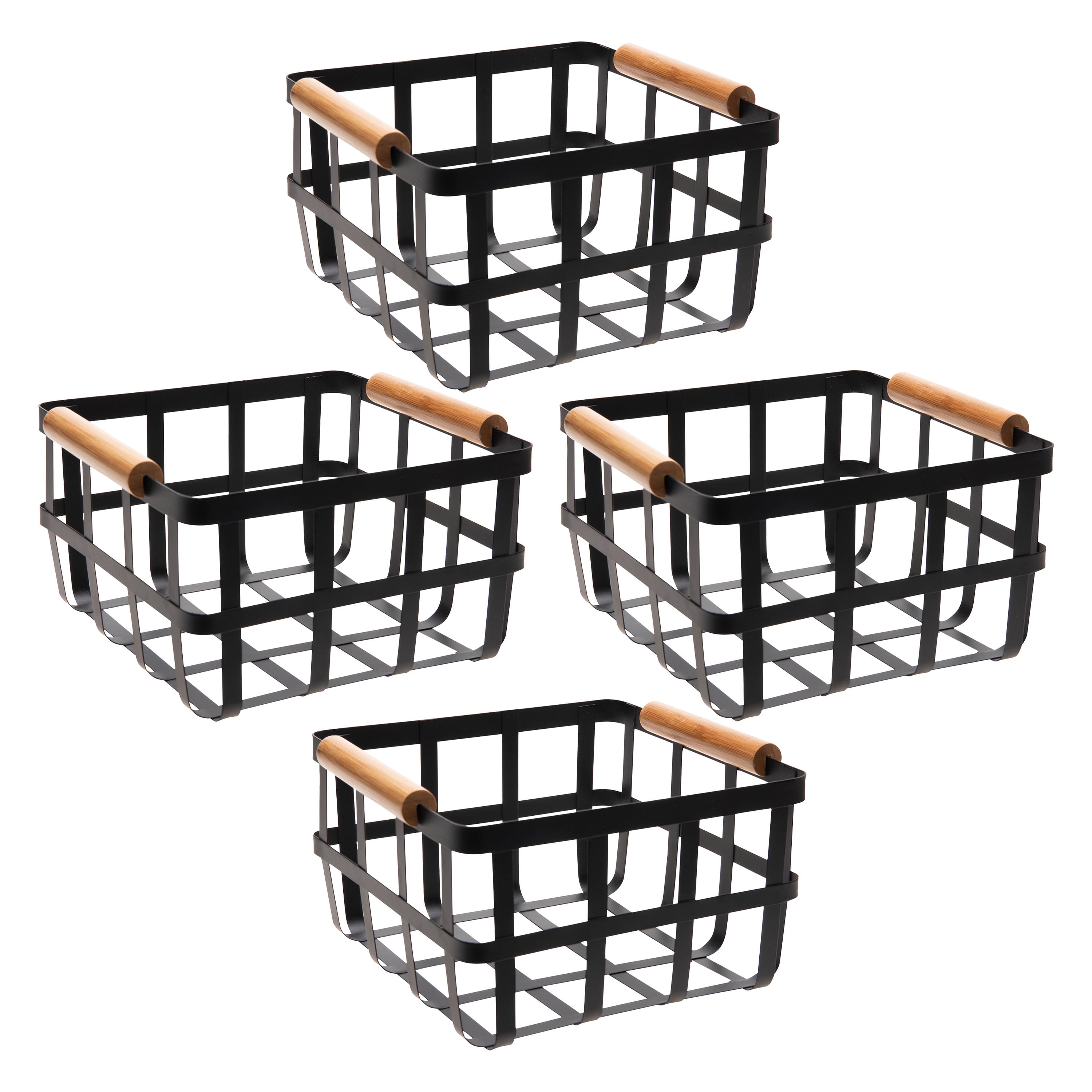 Simplify 4 Pack Square Metal Decorative Storage Basket with Bamboo Handles in Black