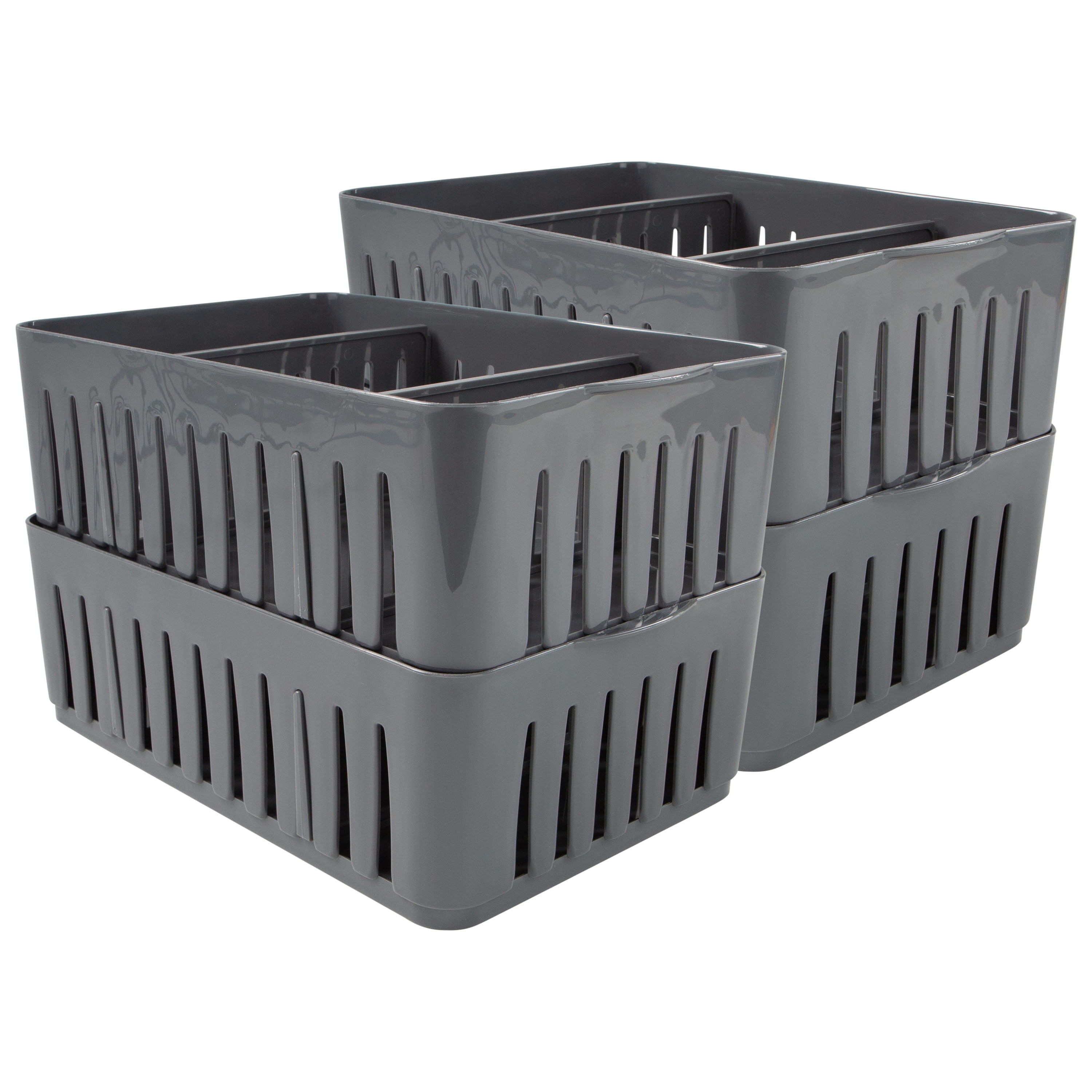 Simplify Medium Gray Stackable Plastic Organizer Baskets with Adjustable Dividers (Set of 4)