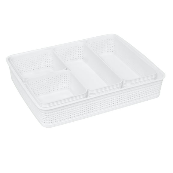 Simplify 5 Pack Multi-Sized Plastic Organizing Storage Basket Set, White