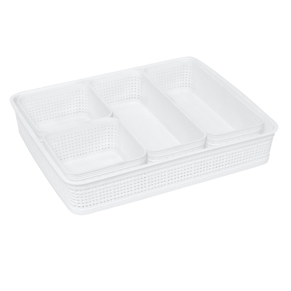 Simplify 5 Pack Multi-Sized Plastic Organizing Storage Basket Set, White