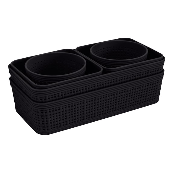 Simplify 6 Pack Multi-Sized Organizing Basket Plastic Storage Set in Black