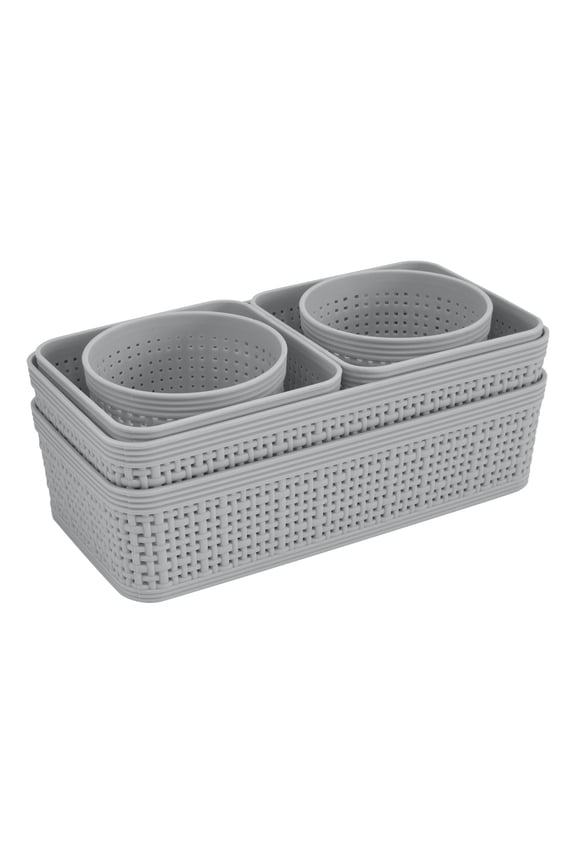 6 Pack Multi-Sized Organizing Basket Plastic Storage Set in Grey