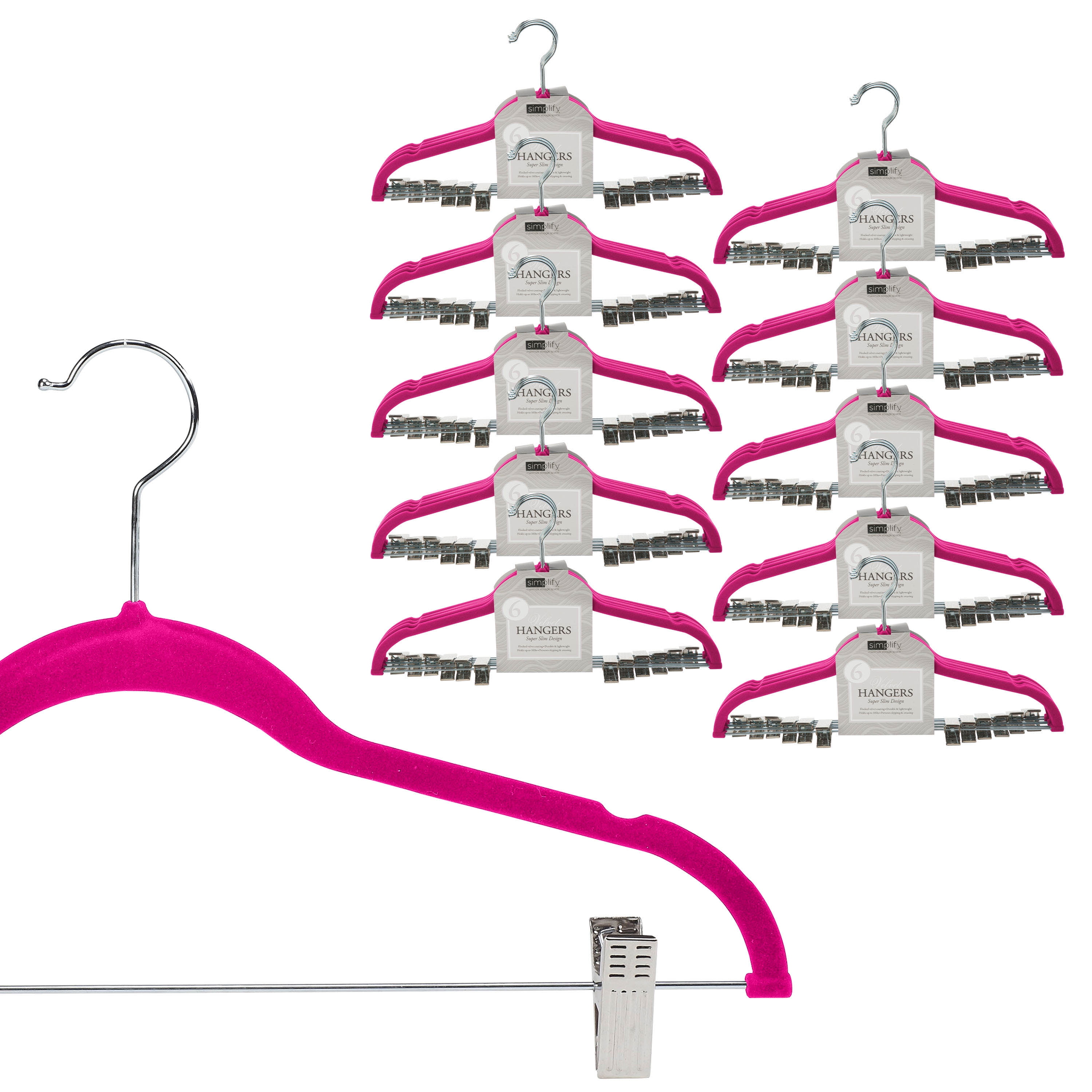 Simplify 60 Pack Velvet Skirt Hangers with Clips, Adult Size, Fuchsia