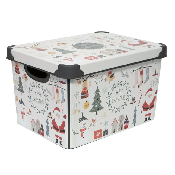 Simplify 7.48 Gallon "Happy Christmas" Design Plastic Storage Tote Bin