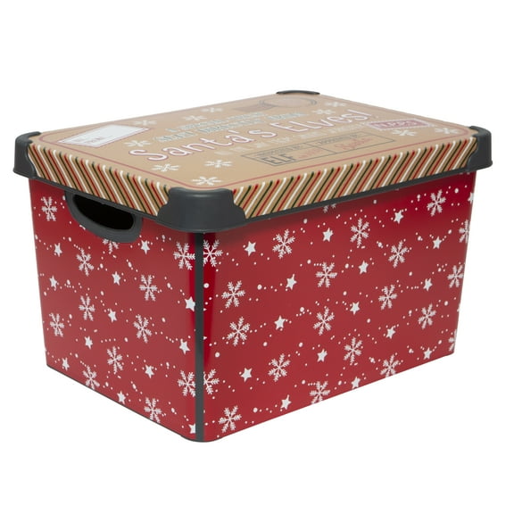 Simplify 7.48 Gallon Santa Elves Design, Plastic Storage Bins, Red Snowflake