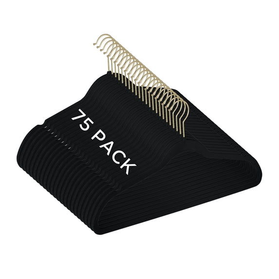 Simplify 75 Pack Slim Velvet Gold Hook Hangers in Black