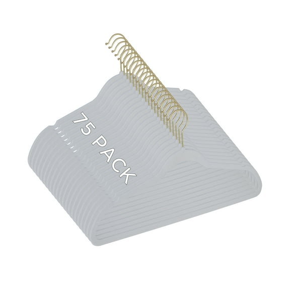 Simplify 75 Pack Slim Velvet Gold Hook Hangers in White