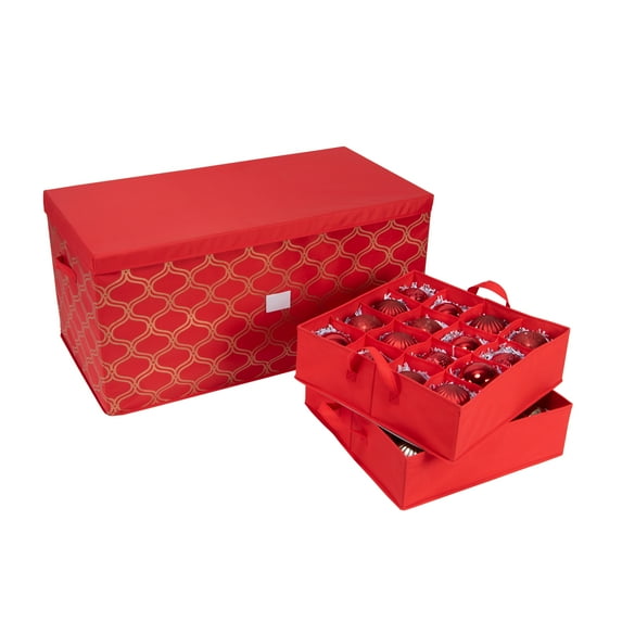 Simplify 96 Count Non Woven Ornament Storage Box with Removable Trays, Red