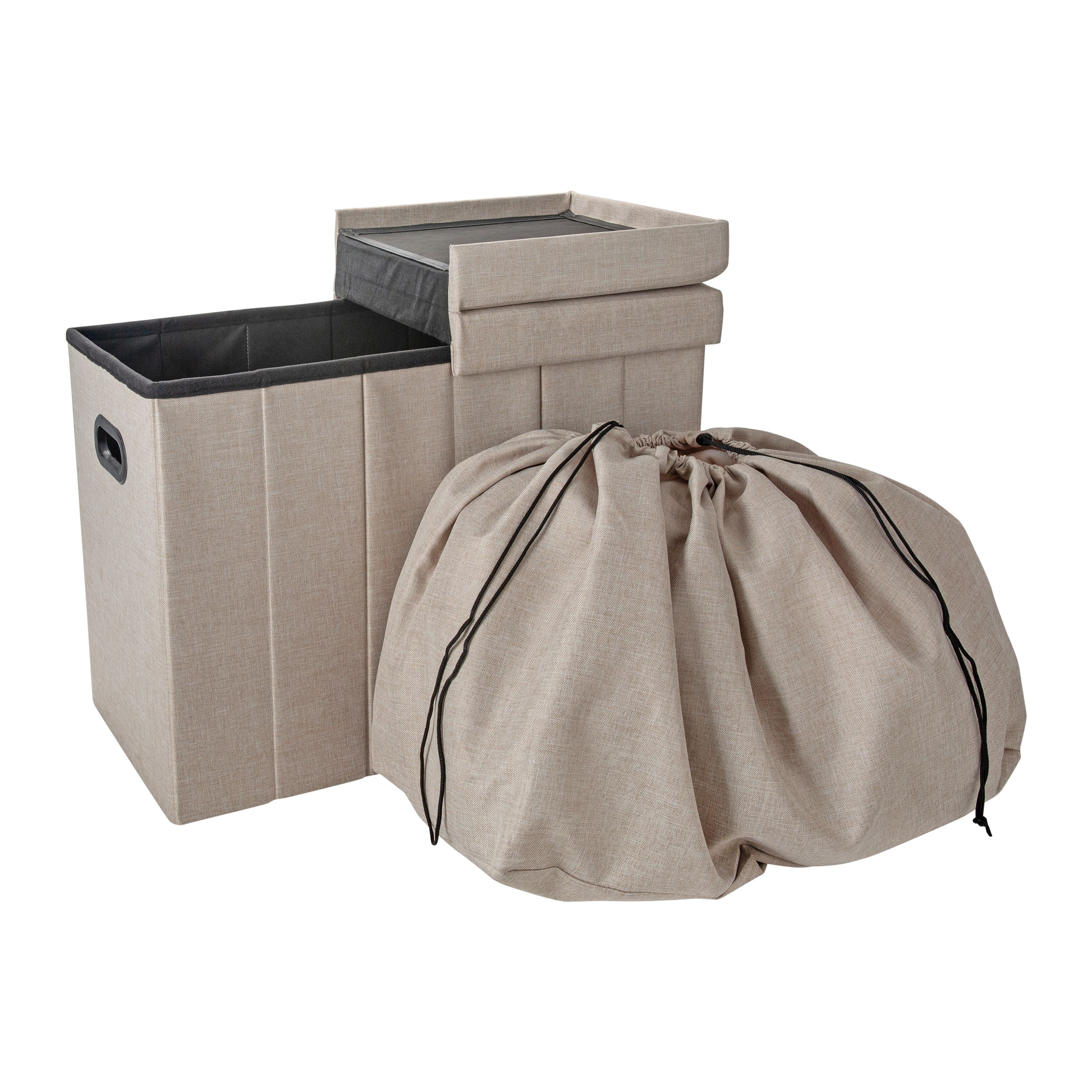 Off-White Polyester Collapsible Flip-Top Ottoman with Laundry Hamper