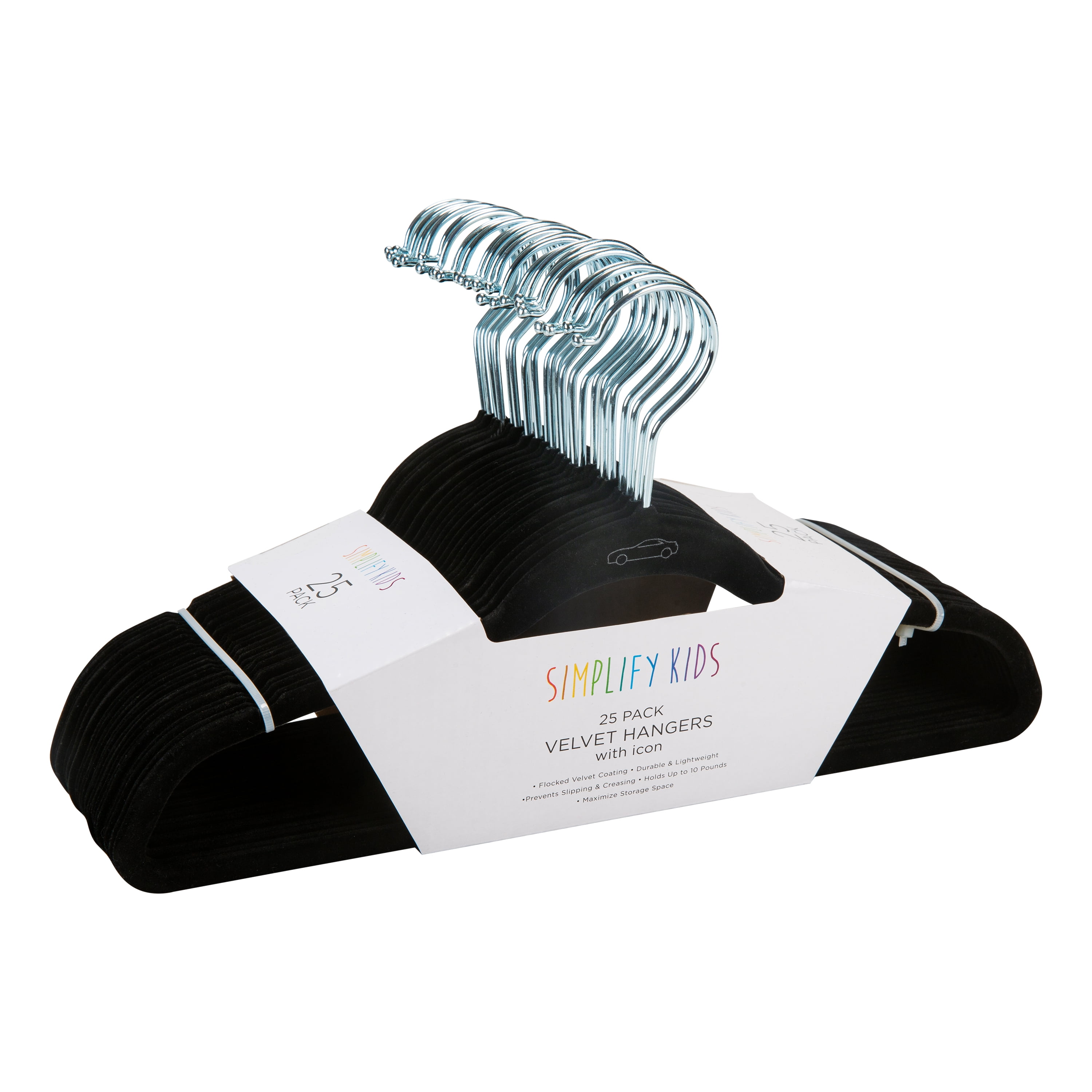 Simplify Kid's 25 Pack Velvet Hangers with Race Car Icon in Black
